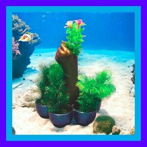 Aquarium Decoration  - Gold and Blue Bouquet Holder with Flower Plant.
